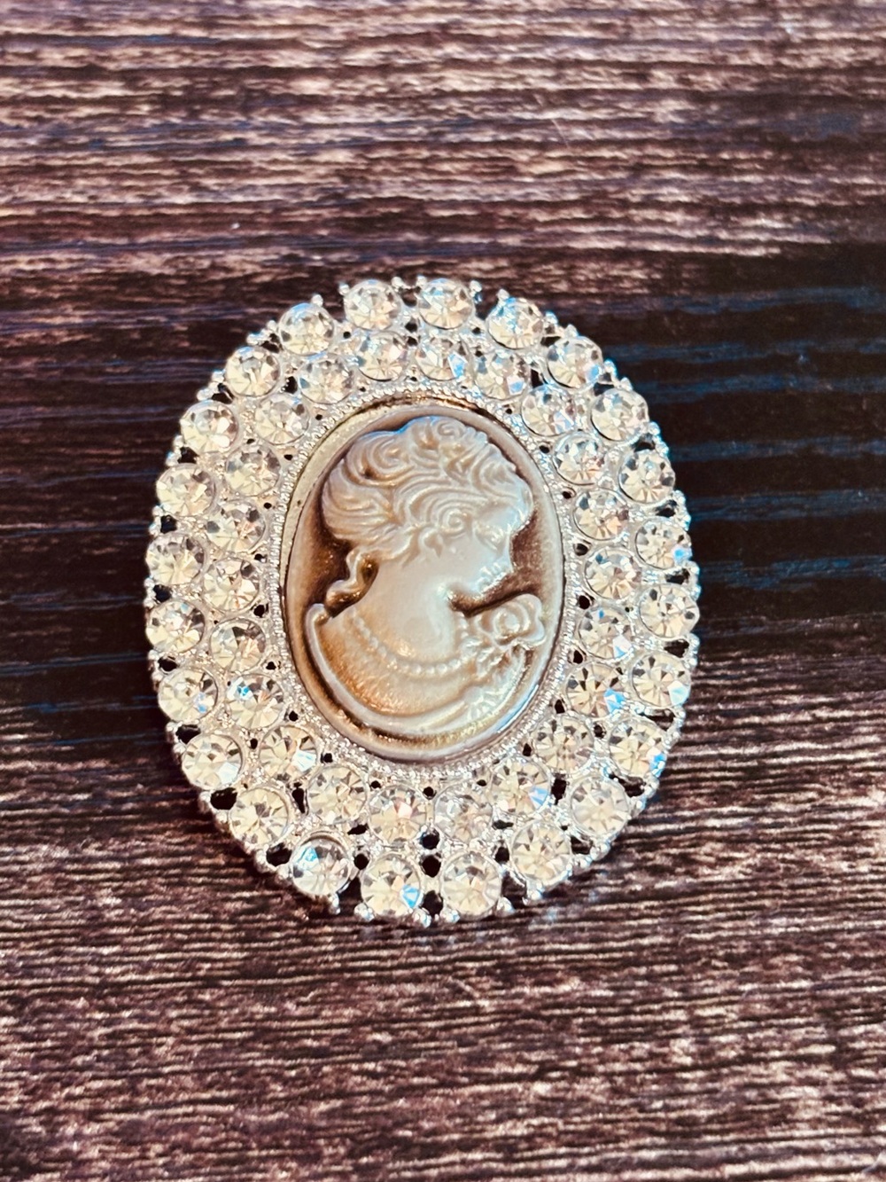Crystal Halo Cameo Brooch in Silver Tone and Tan